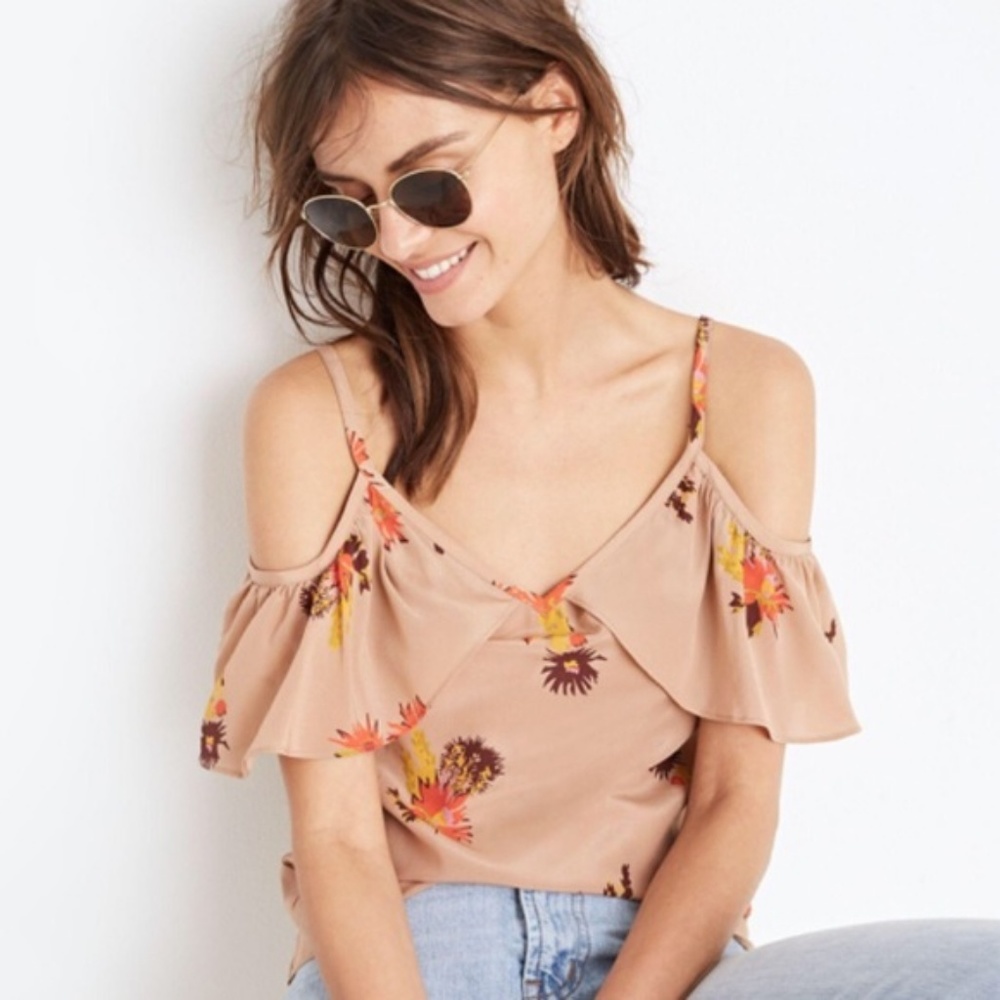 Madewell tan floral silk cold shoulder ruffle top